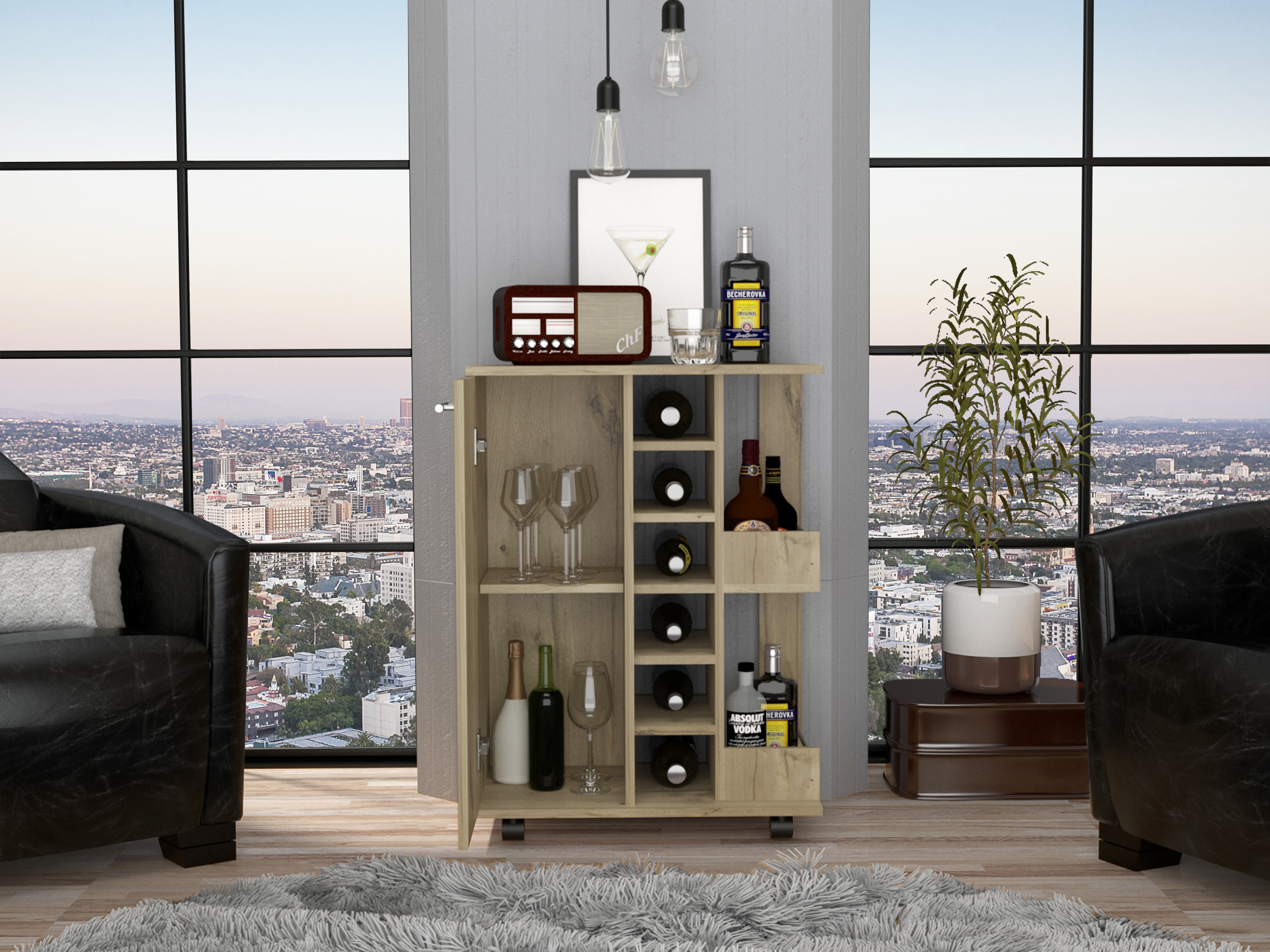 Bar Cart, Two External Shelves, Four Casters, Six Built-in Wine Rack, Single Door Cabinet -Light Oak